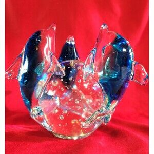 Blue Dolphins Figurine Sculpture Hand Blown Paperweight Elegant Decor Art Glass